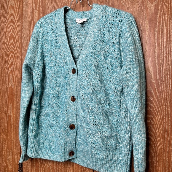 Cable Knit Cardigan Sweater Susan Graver Blue Women's Med Textured Button Front - Picture 2 of 8